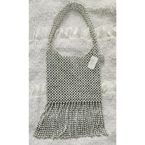 Urban Outfitters Kimchi Blue Beaded Fringe Bag in Silver Metallic Beading Purse - Picture 2 of 9